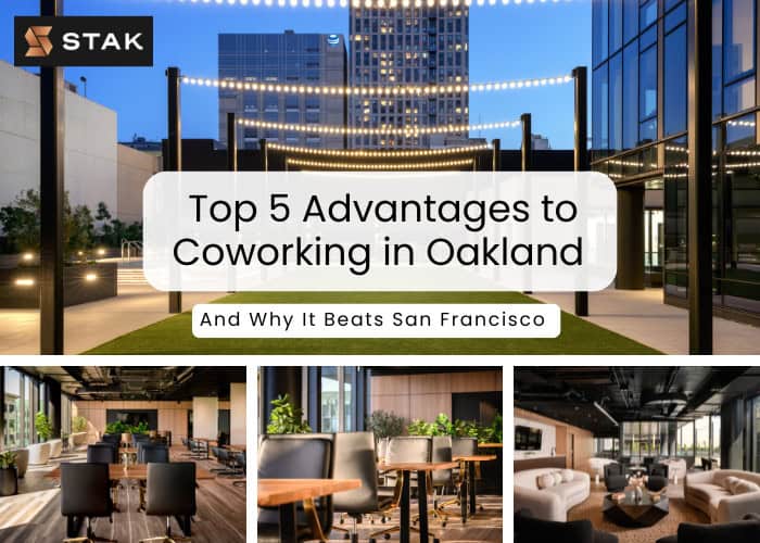 Stylish coworking spaces in Oakland featuring outdoor and indoor modern designs with a view of the city skyline.