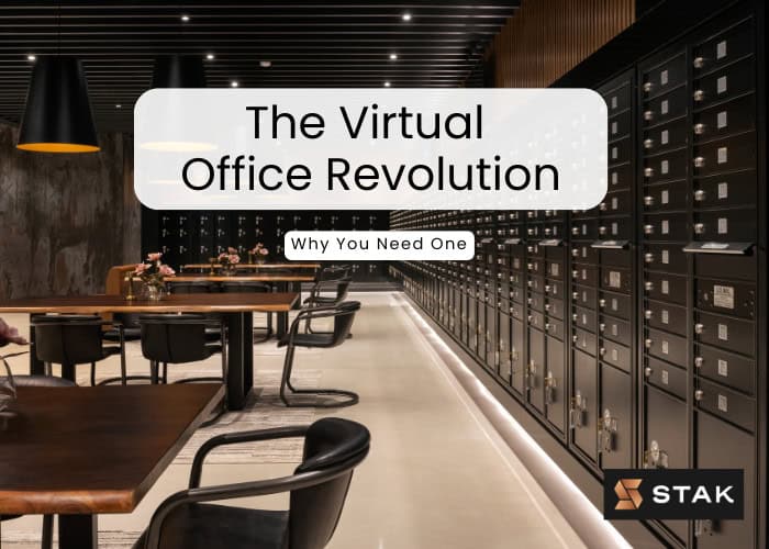 Modern virtual office space with sleek design, featuring a row of secure mailboxes, stylish meeting tables, and comfortable chairs in a professional setting
