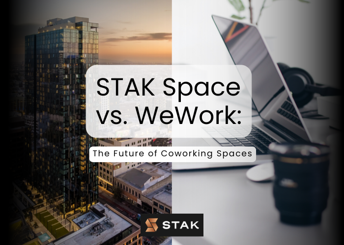 STAK Space and WeWork, showcasing a luxury high-rise building and a modern workspace with a laptop and camera.