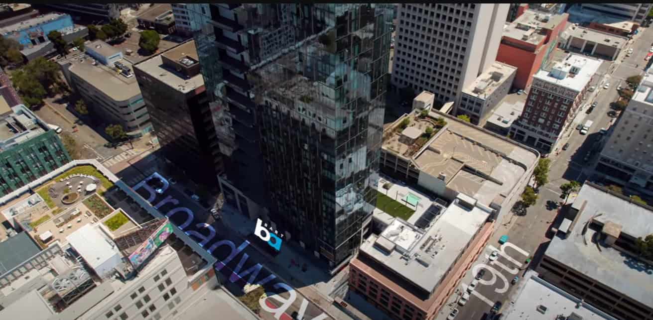 Aerial view of 19th Street and Broadway showing the 19th Street BART station in Uptown Oakland, near the 1901 Franklin Garage