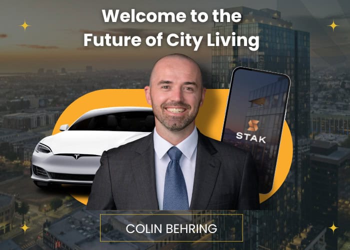 Colin Behring standing confidently in front of a Tesla, the STAK Space app, and a modern cityscape, representing the future of urban living
