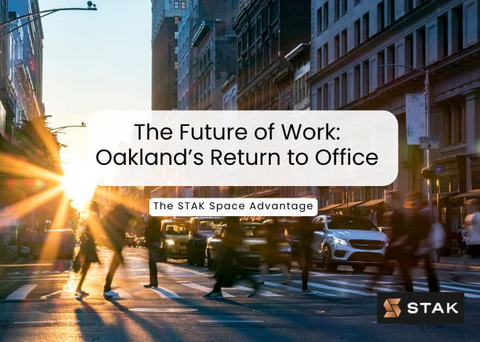 Oakland city street at sunrise, showcasing the energy of the urban environment as professionals return to office spaces.