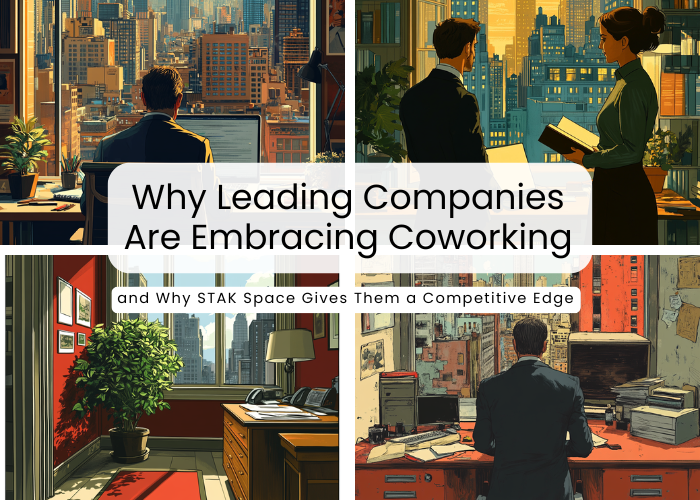 Professionals working in vibrant coworking spaces with city views and modern office designs, showcasing the appeal of flexible work environments.