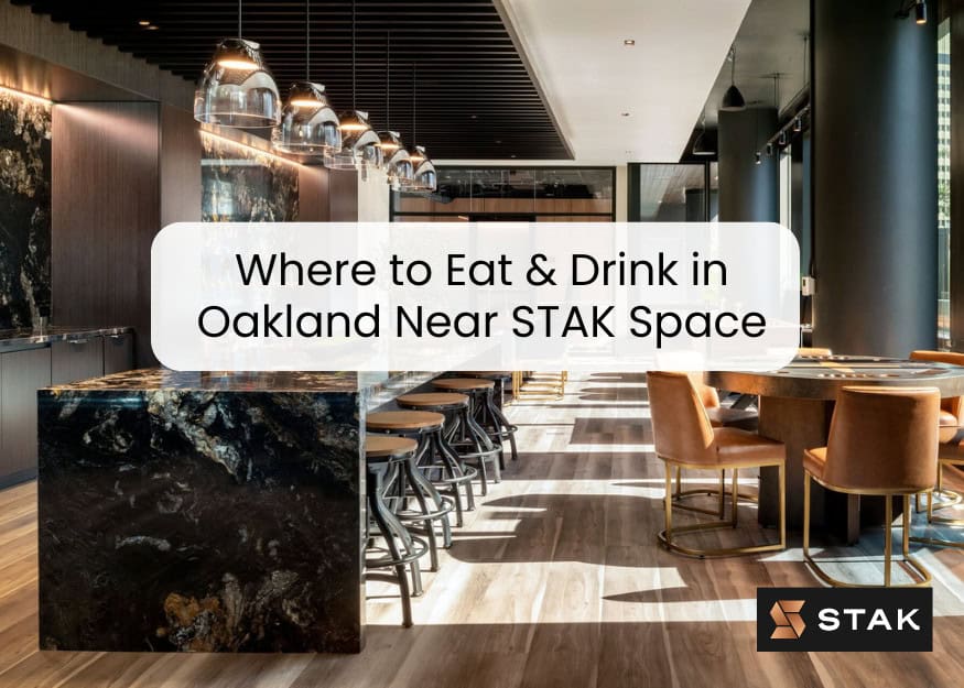 "Modern restaurant with elegant design near STAK Space in Oakland, featuring stylish bar seating and warm lighting."