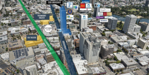 Aerial view of 1900 Broadway in Oakland, highlighting nearby businesses, landmarks, and transit access