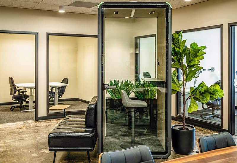Private meeting pod at STAK Space for virtual office members in Oakland