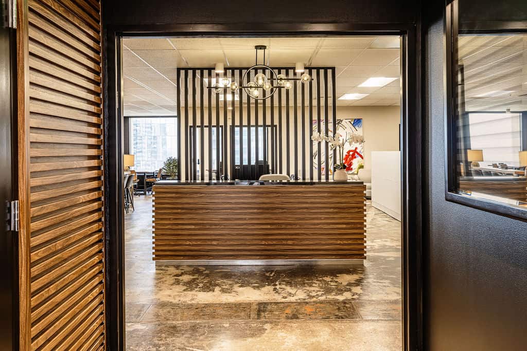 Oakland virtual office: STAK Space reception with wood slat wall in Uptown Oakland
