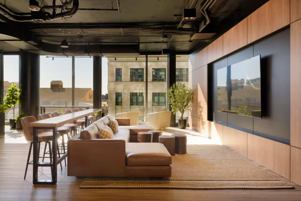 Penthouse lounge views at STAK Space for a break after a boardroom rental in Oakland