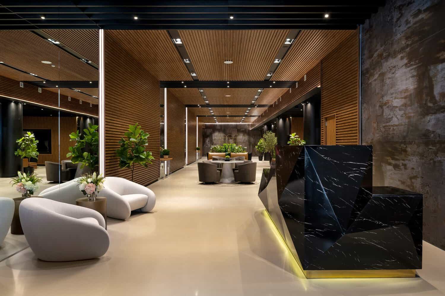 Lobby lounge and front desk at 1900 Broadway in Oakland