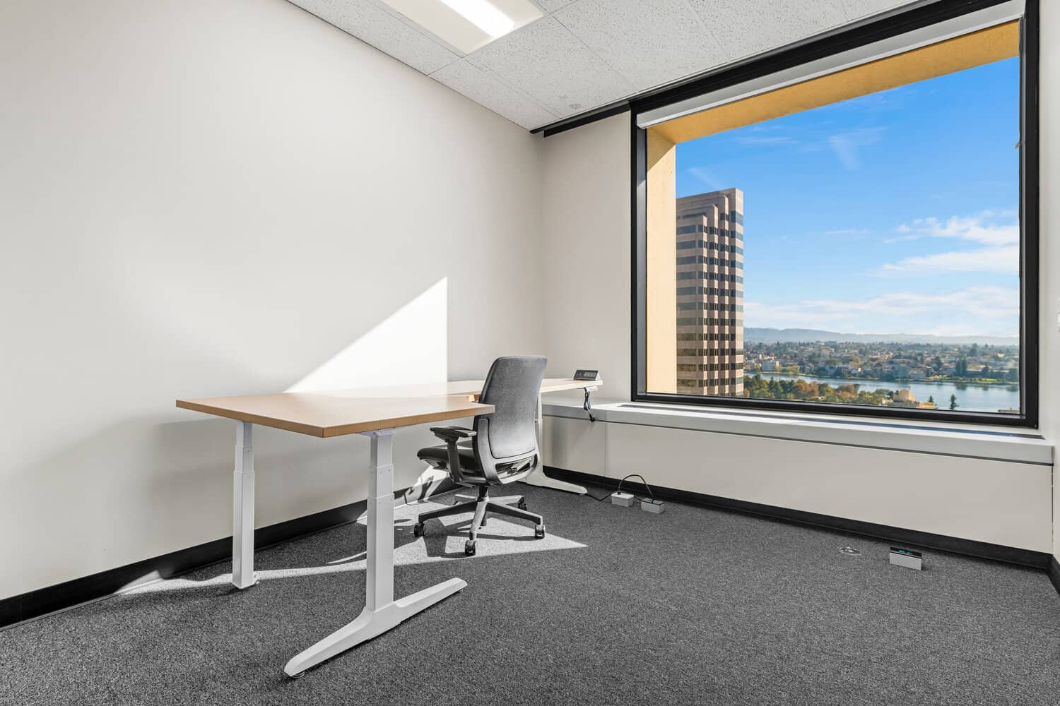 Private office with white desk, chair, carpet, and large window view.