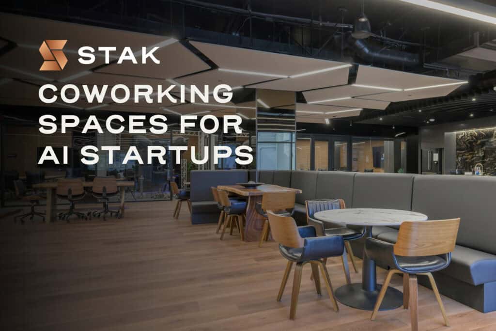 STAK coworking spaces for AI startups graphic over a modern open workspace.