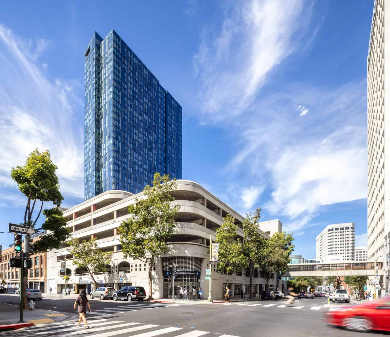 1901 Franklin parking garage on 19th Street beneath a residential tower in Uptown Oakland