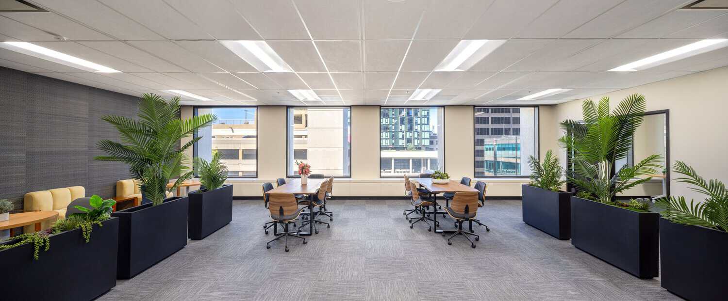 Bright open team area with planters on Level 4 of 1950 Franklin, Oakland