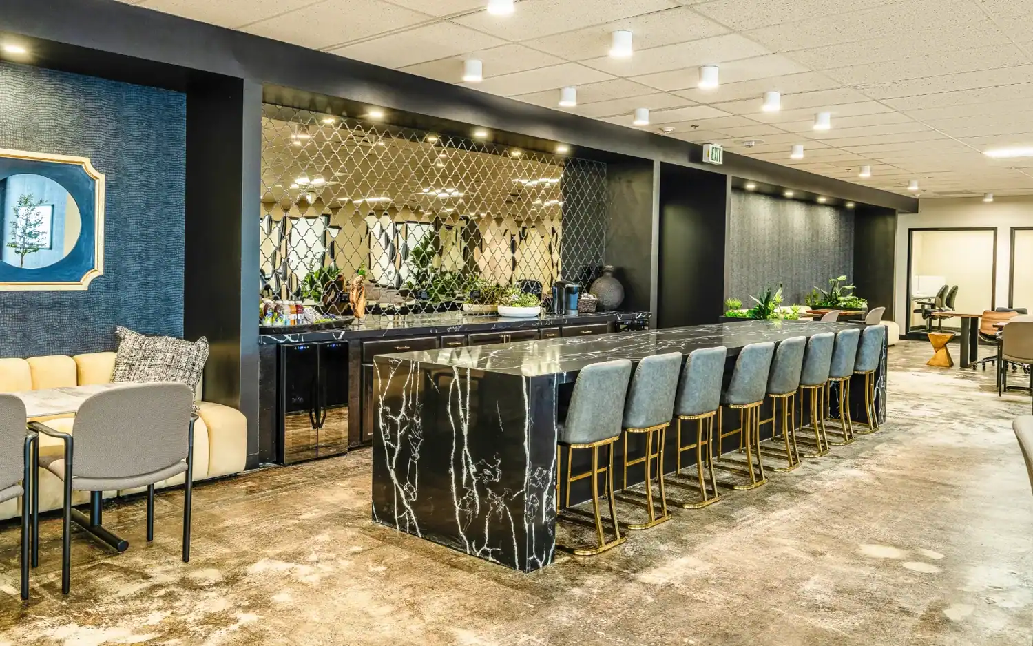 Member lounge and marble coffee bar on the 18th floor of STAK Space at Franklin, 1950 Franklin St, Oakland