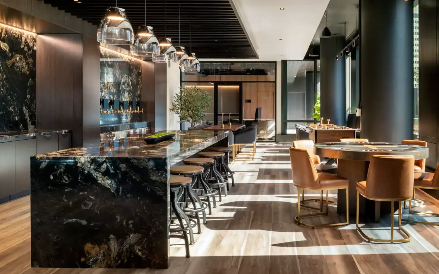 Tap room bar and lounge seating at 1900 Broadway on the 1900 Broadway Campus